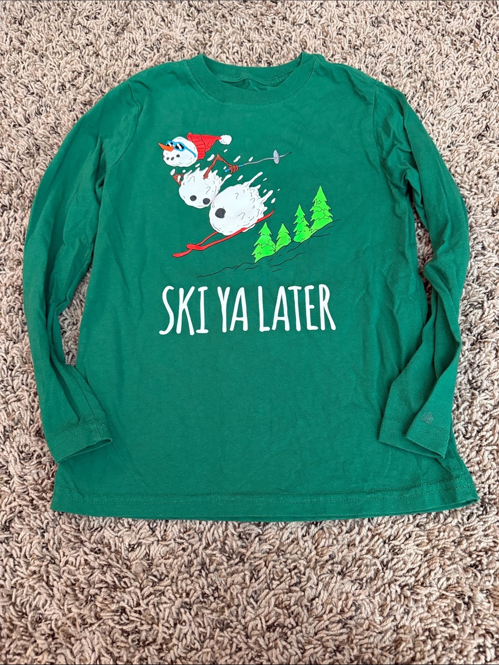 Holiday Time Green Long Sleeve 'Ski Ya Later' Snowman Tee